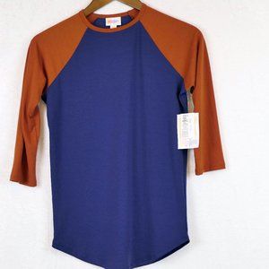 LuLaRoe Women's Size XXS Blue Burnt Orange Randy 3/4 Sleeve Baseball Top